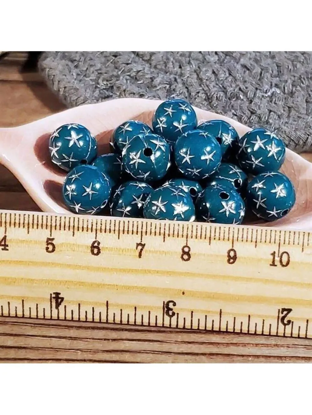10 Vintage Retro Teal Green Silver Stars 12mm Round Acrylic Shabby Beads